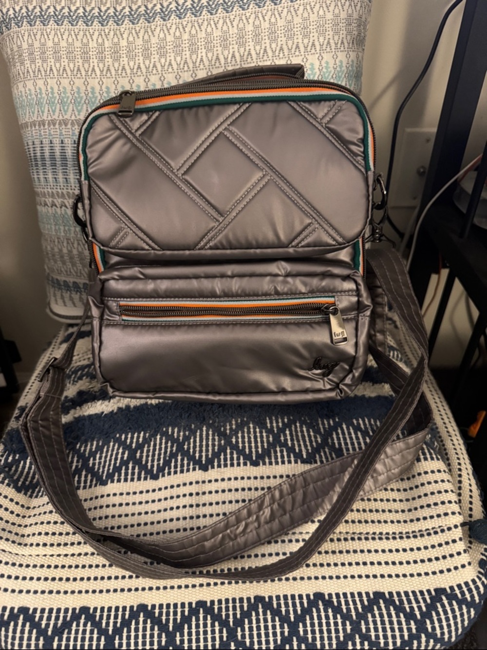 lug Quilted Gray Crossbody Bag with Orange & Teal Trim